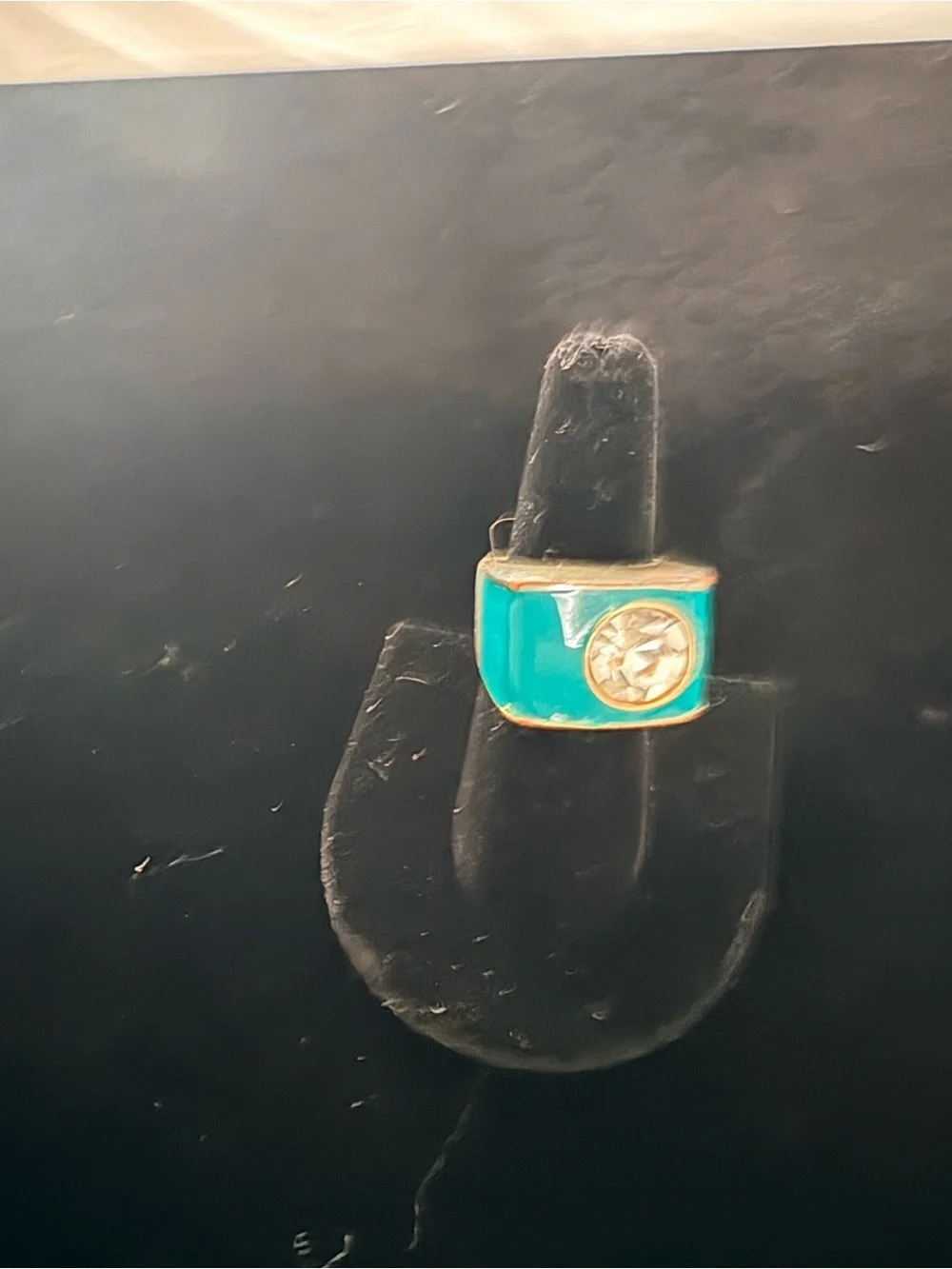 Turquoise Enamel Wide Band Ring with Clear Crystal Accent